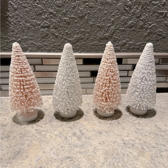 Pastel Pink and White Flocked Holiday/Christmas Bottle Brush Tree Set - Picture 2 of 3